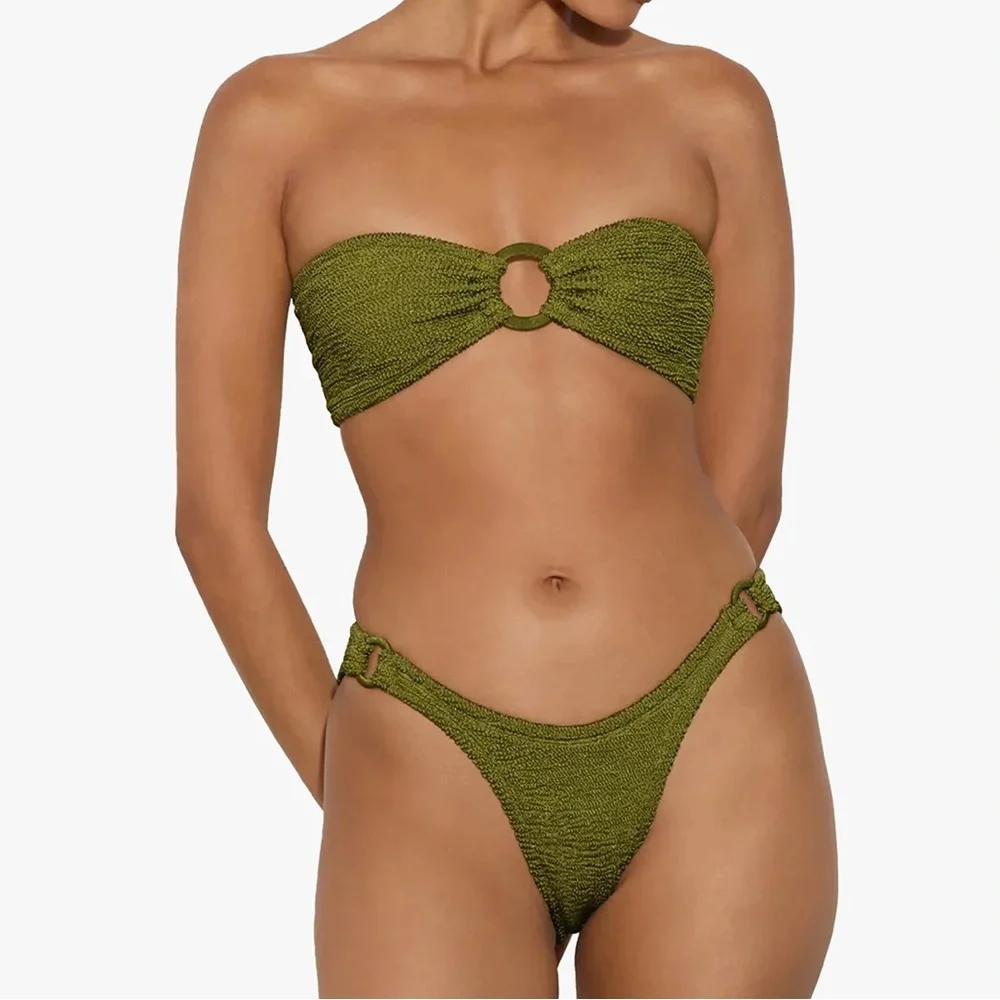 New Hunza G Green Gloria Bikini Set Swimwear One Size Metallic Moss Crinkle